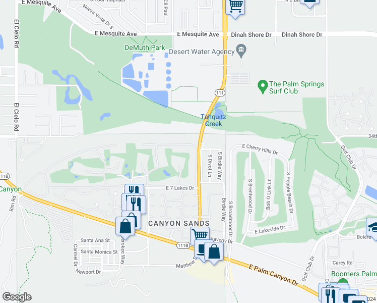 map of restaurants, bars, coffee shops, grocery stores, and more near 326 Desert Lakes Drive in Palm Springs