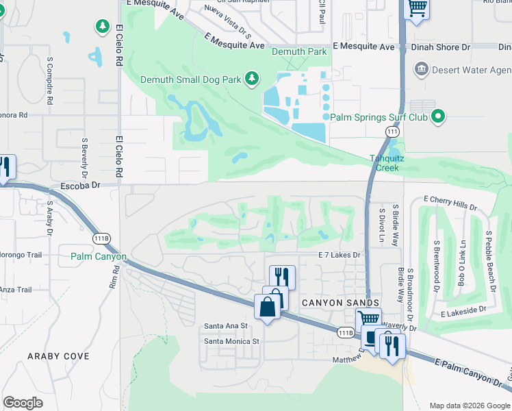 map of restaurants, bars, coffee shops, grocery stores, and more near 187 Desert Lakes Drive in Palm Springs