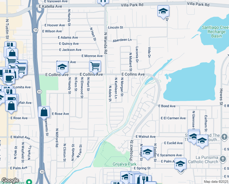 map of restaurants, bars, coffee shops, grocery stores, and more near 820 North Kathleen Lane in Orange