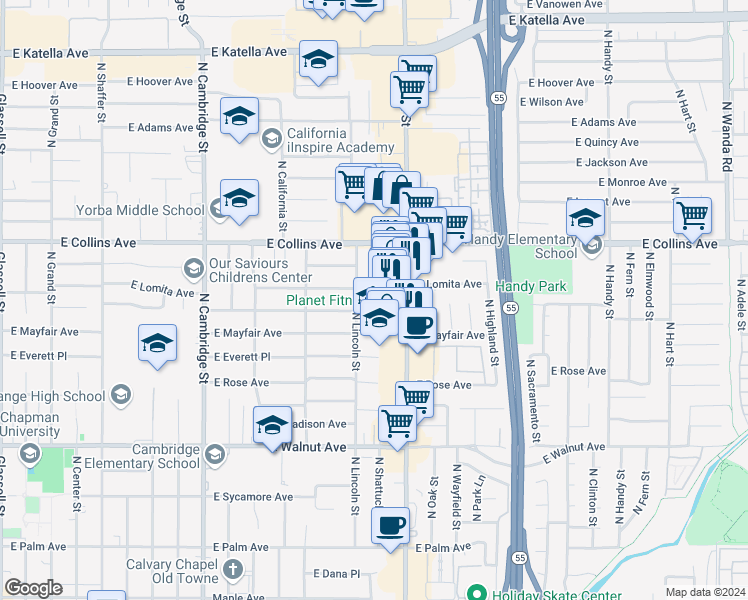 map of restaurants, bars, coffee shops, grocery stores, and more near 830 North Shattuck Place in Orange