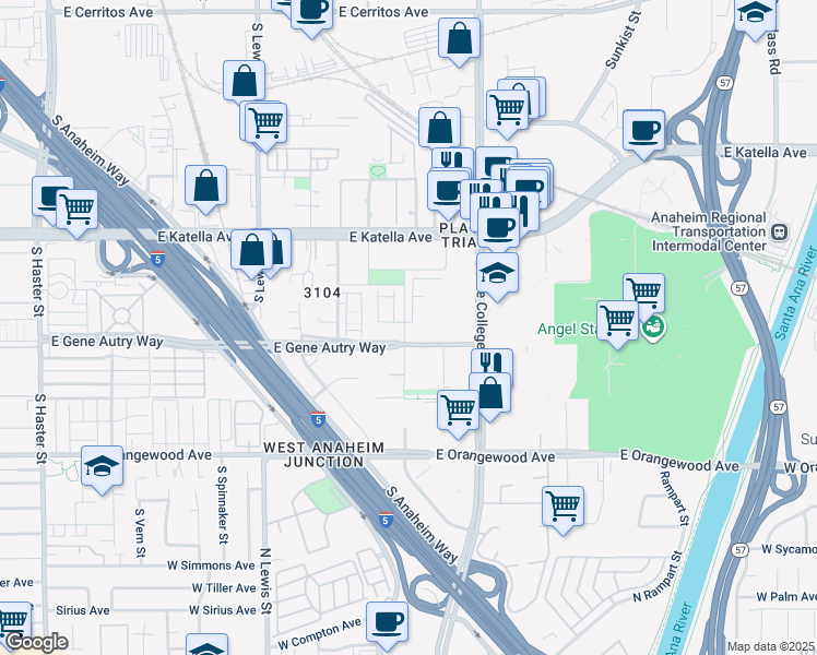 map of restaurants, bars, coffee shops, grocery stores, and more near 1890 South Chris Lane in Anaheim