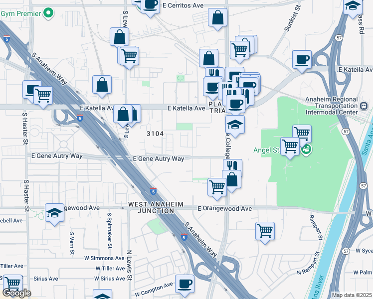 map of restaurants, bars, coffee shops, grocery stores, and more near 1890 South Chris Lane in Anaheim