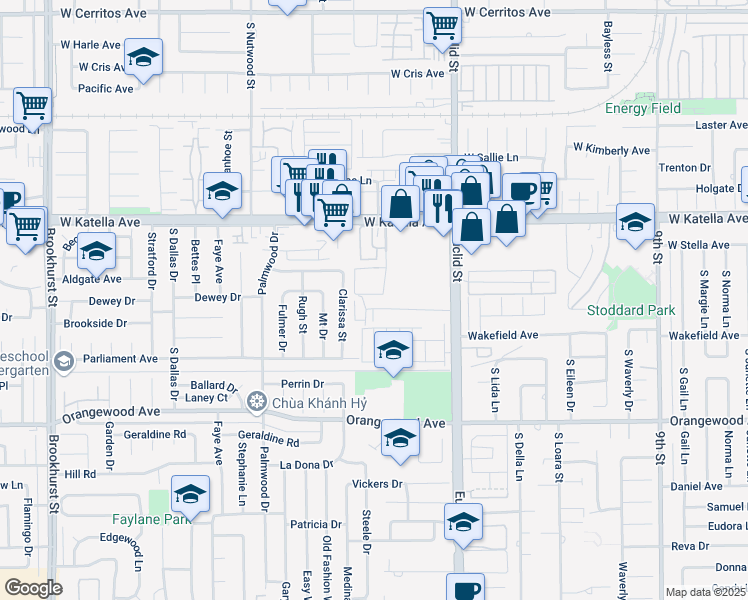 map of restaurants, bars, coffee shops, grocery stores, and more near 11121 Dino Circle in Garden Grove