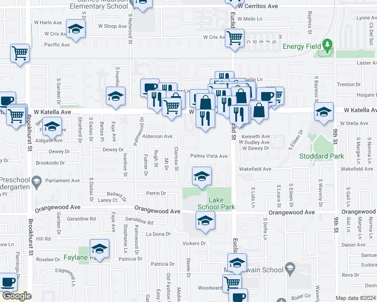 map of restaurants, bars, coffee shops, grocery stores, and more near 11121 Dino Circle in Garden Grove