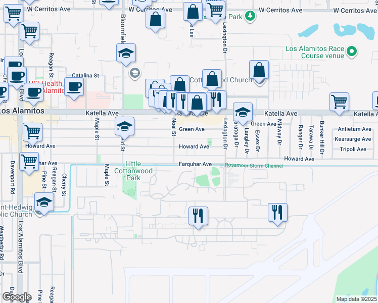 map of restaurants, bars, coffee shops, grocery stores, and more near 4313 Howard Avenue in Los Alamitos