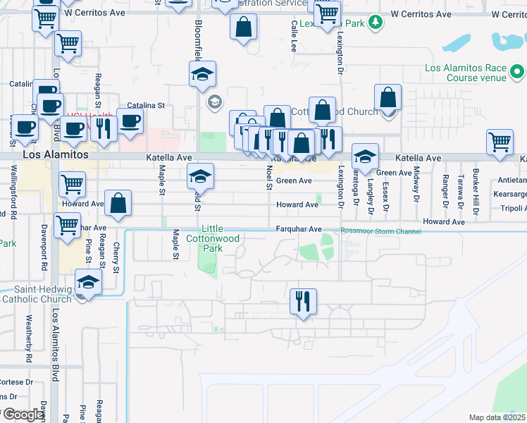 map of restaurants, bars, coffee shops, grocery stores, and more near 11131 Noel Street in Los Alamitos