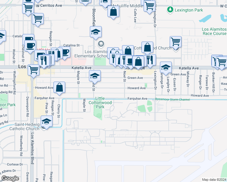 map of restaurants, bars, coffee shops, grocery stores, and more near 4151 Howard Avenue in Los Alamitos