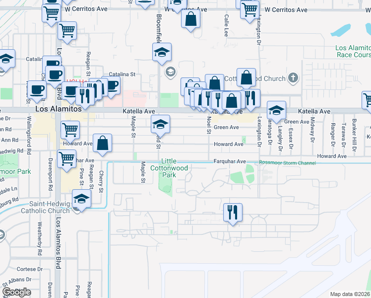 map of restaurants, bars, coffee shops, grocery stores, and more near 4151 Howard Avenue in Los Alamitos