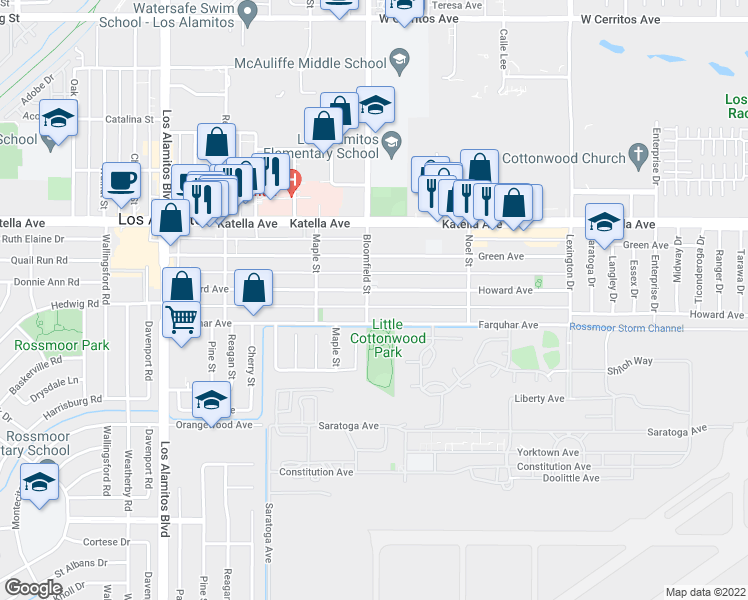 map of restaurants, bars, coffee shops, grocery stores, and more near 3963 Howard Avenue in Los Alamitos