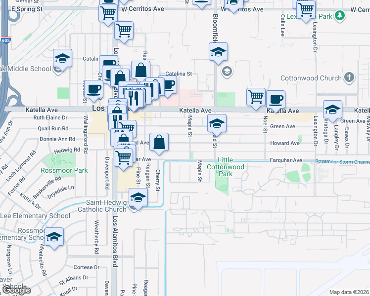 map of restaurants, bars, coffee shops, grocery stores, and more near 3813 Howard Avenue in Los Alamitos