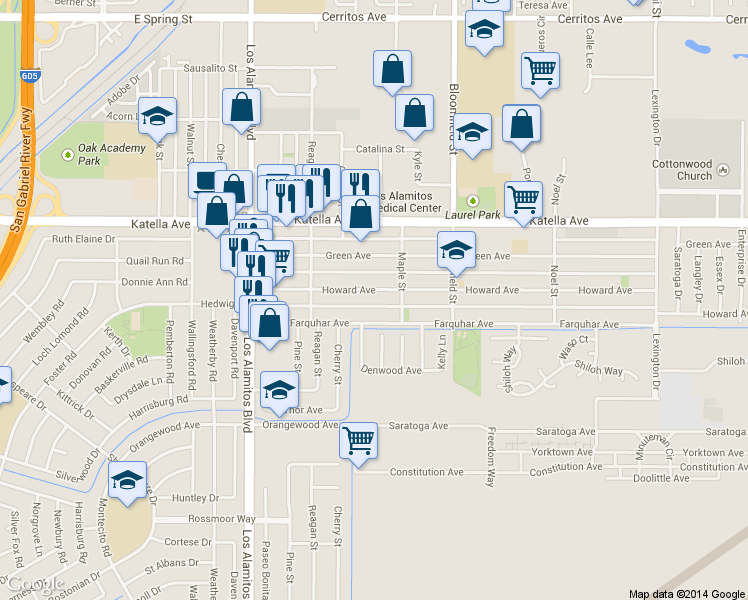 map of restaurants, bars, coffee shops, grocery stores, and more near 3813 Howard Avenue in Los Alamitos