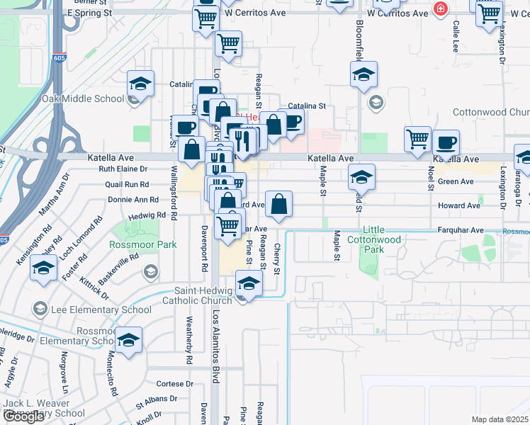 map of restaurants, bars, coffee shops, grocery stores, and more near 3647 Howard Avenue in Los Alamitos