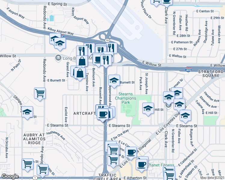 map of restaurants, bars, coffee shops, grocery stores, and more near 2375 Ximeno Avenue in Long Beach