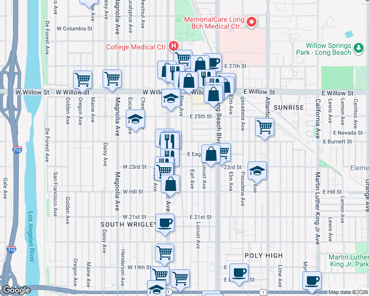 map of restaurants, bars, coffee shops, grocery stores, and more near 2410 Pine Avenue in Long Beach