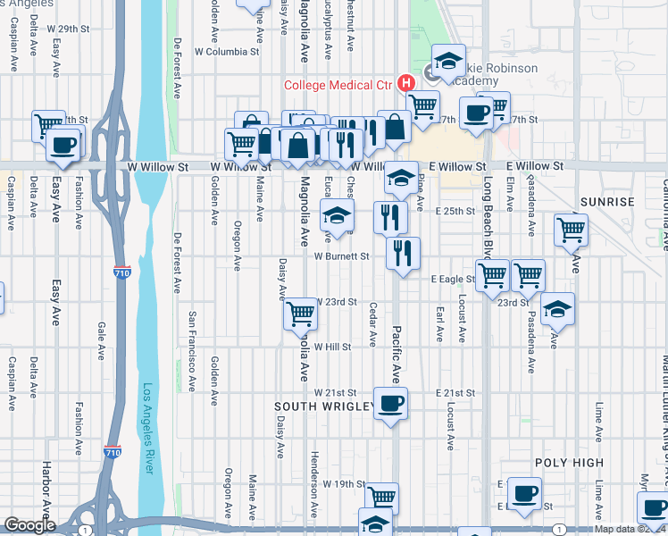 map of restaurants, bars, coffee shops, grocery stores, and more near 2415 Eucalyptus Avenue in Long Beach