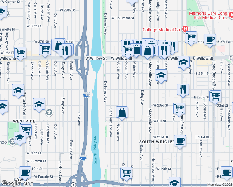 map of restaurants, bars, coffee shops, grocery stores, and more near 2400 San Francisco Avenue in Long Beach