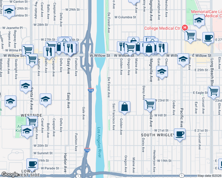map of restaurants, bars, coffee shops, grocery stores, and more near 2411 San Francisco Avenue in Long Beach