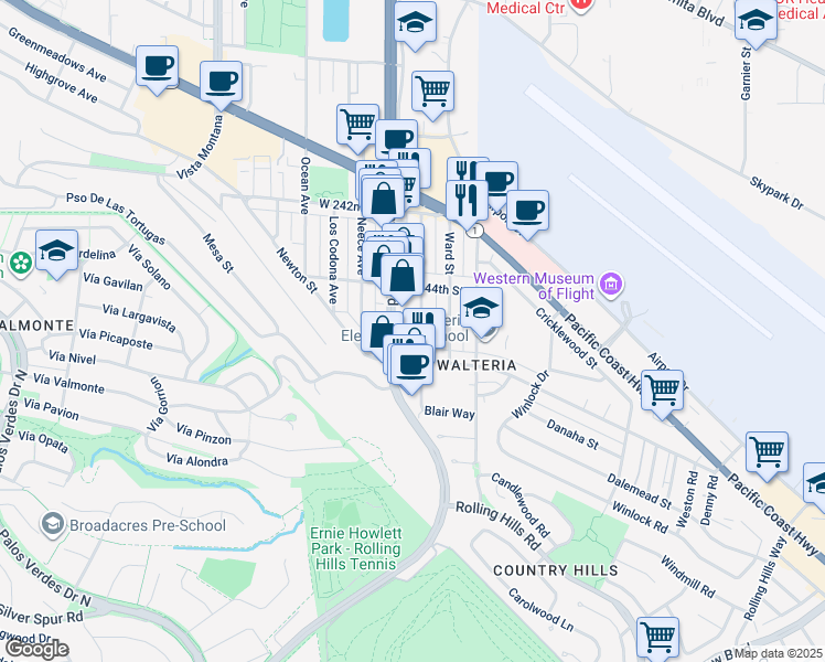 map of restaurants, bars, coffee shops, grocery stores, and more near 24421 Park Street in Torrance