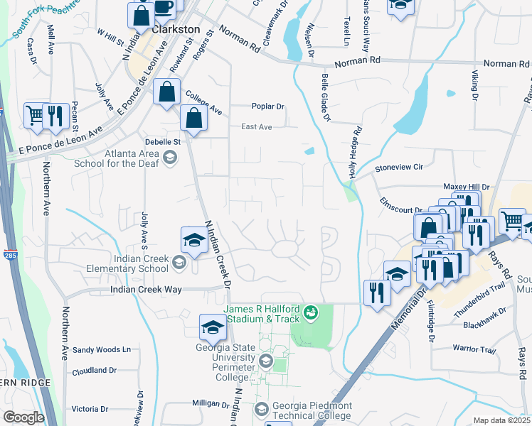 map of restaurants, bars, coffee shops, grocery stores, and more near 3800 Market Walk in Clarkston