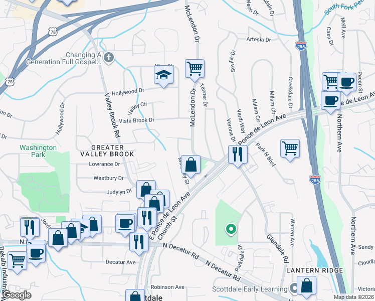 map of restaurants, bars, coffee shops, grocery stores, and more near 778 McLendon Drive in Scottdale
