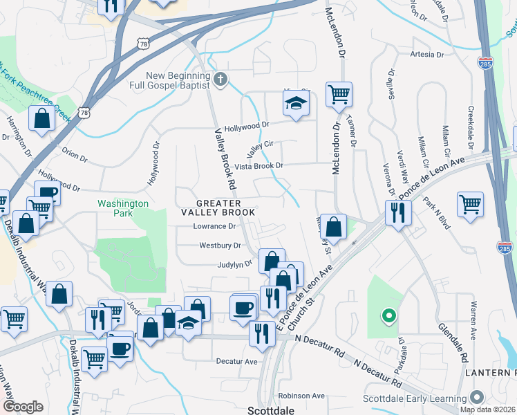map of restaurants, bars, coffee shops, grocery stores, and more near 3167 Stonewyck Place in Decatur