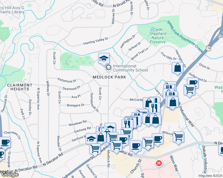 map of restaurants, bars, coffee shops, grocery stores, and more near 783 Medlock Road in Decatur