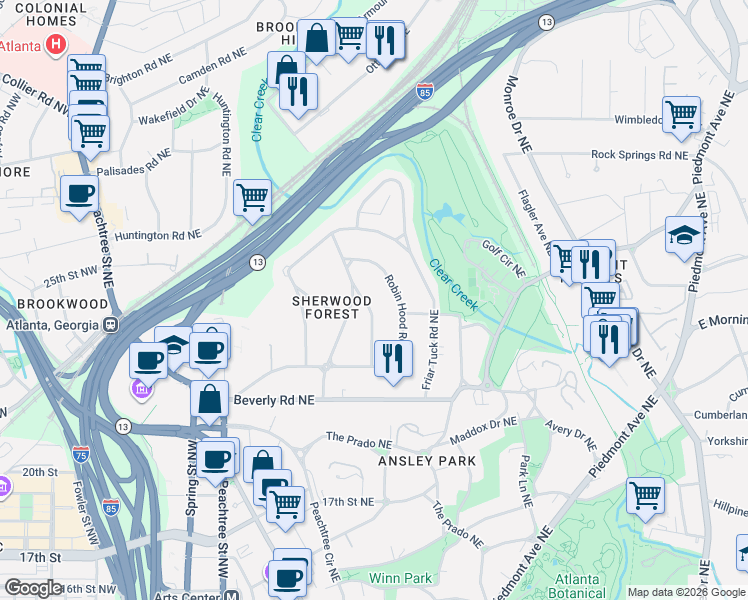 map of restaurants, bars, coffee shops, grocery stores, and more near 340 Robin Hood Road Northeast in Atlanta