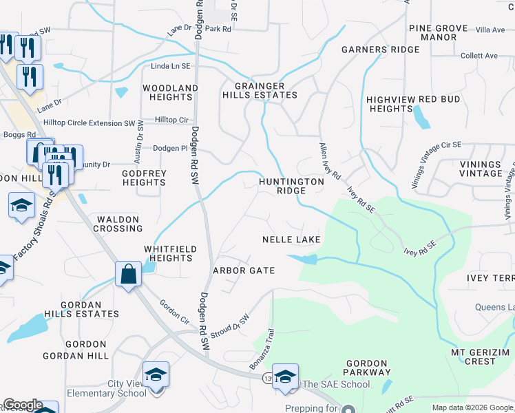 map of restaurants, bars, coffee shops, grocery stores, and more near 6289 Allen Road Southeast in Mableton