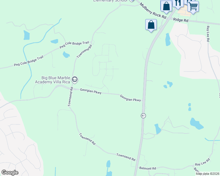 map of restaurants, bars, coffee shops, grocery stores, and more near 80 Meriwether Lane in Villa Rica