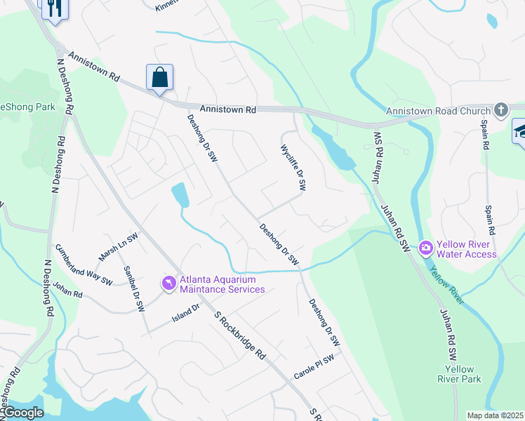 map of restaurants, bars, coffee shops, grocery stores, and more near 5059 Wycliffe Drive Southwest in Stone Mountain