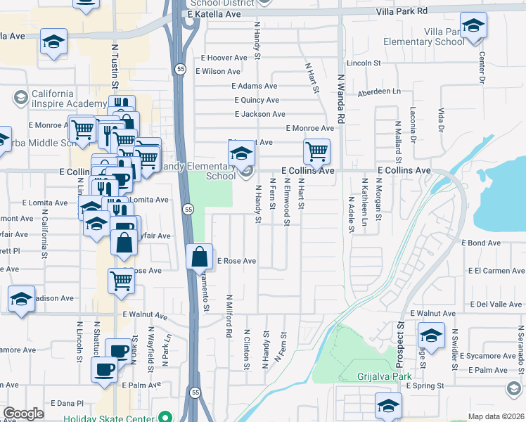 map of restaurants, bars, coffee shops, grocery stores, and more near 822 North Fern Street in Orange