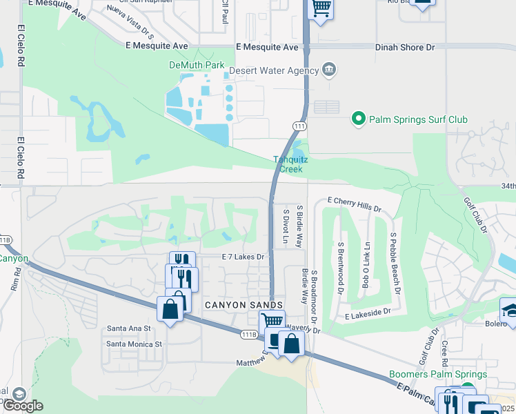 map of restaurants, bars, coffee shops, grocery stores, and more near 322 Desert Lakes Drive in Palm Springs