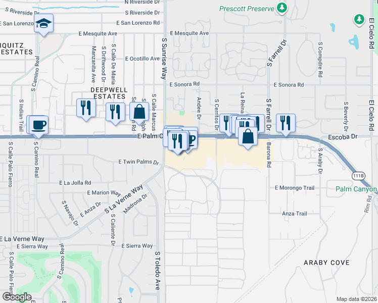 map of restaurants, bars, coffee shops, grocery stores, and more near 1775 South Palm Canyon Drive in Palm Springs