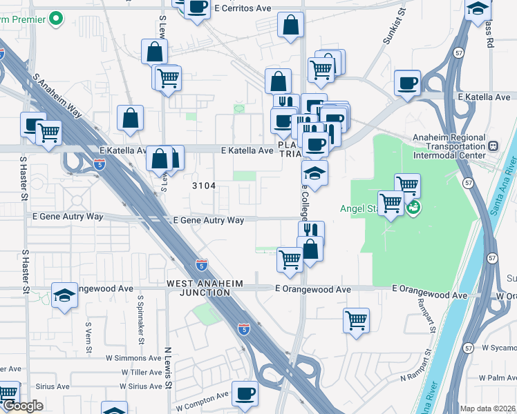 map of restaurants, bars, coffee shops, grocery stores, and more near 2 Anaheim Boulevard in Anaheim