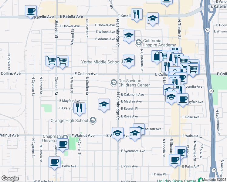 map of restaurants, bars, coffee shops, grocery stores, and more near 822 East Lomita Avenue in Orange