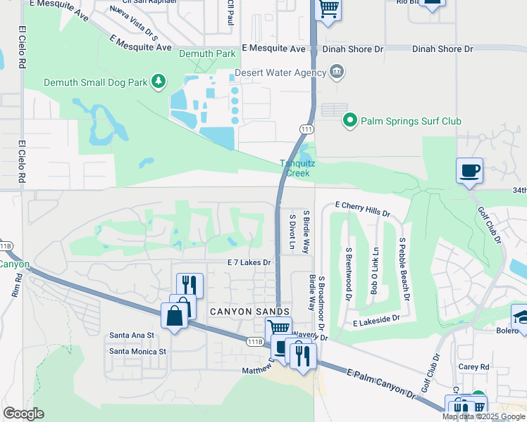 map of restaurants, bars, coffee shops, grocery stores, and more near 322 Desert Lakes Drive in Palm Springs