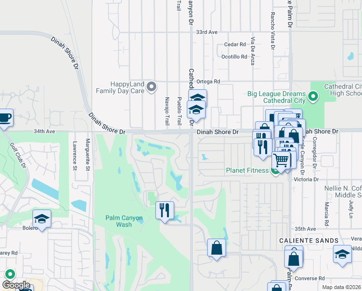 map of restaurants, bars, coffee shops, grocery stores, and more near 34041 Calle Mora in Cathedral City