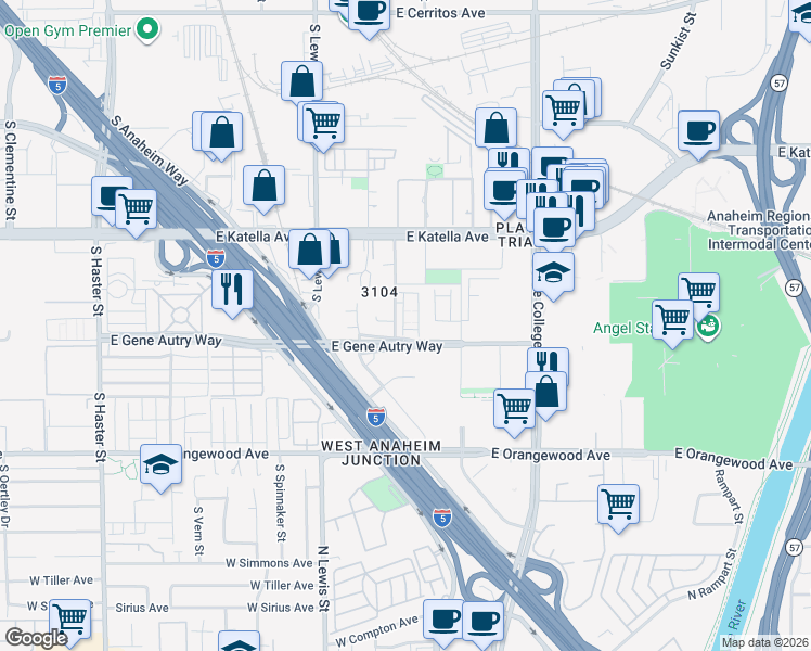 map of restaurants, bars, coffee shops, grocery stores, and more near 1884 South Westside Drive in Anaheim
