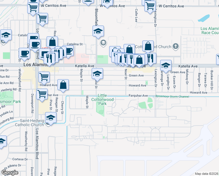 map of restaurants, bars, coffee shops, grocery stores, and more near 4102 Howard Avenue in Los Alamitos