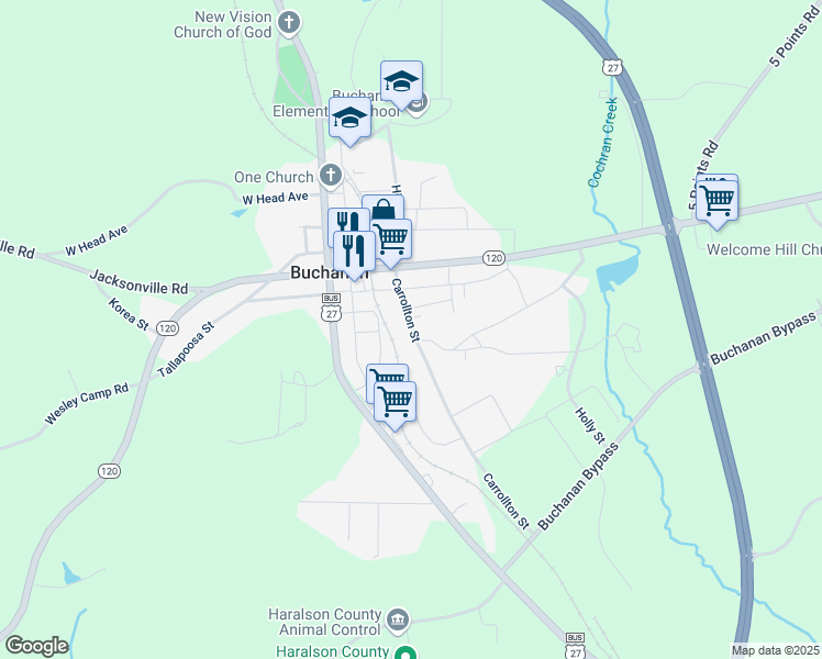 map of restaurants, bars, coffee shops, grocery stores, and more near 284 Carrollton Street in Buchanan