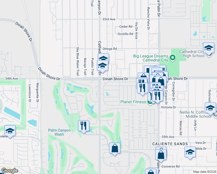 map of restaurants, bars, coffee shops, grocery stores, and more near 214 Settles Drive in Cathedral City