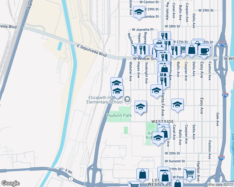 map of restaurants, bars, coffee shops, grocery stores, and more near 2335 Webster Avenue in Long Beach