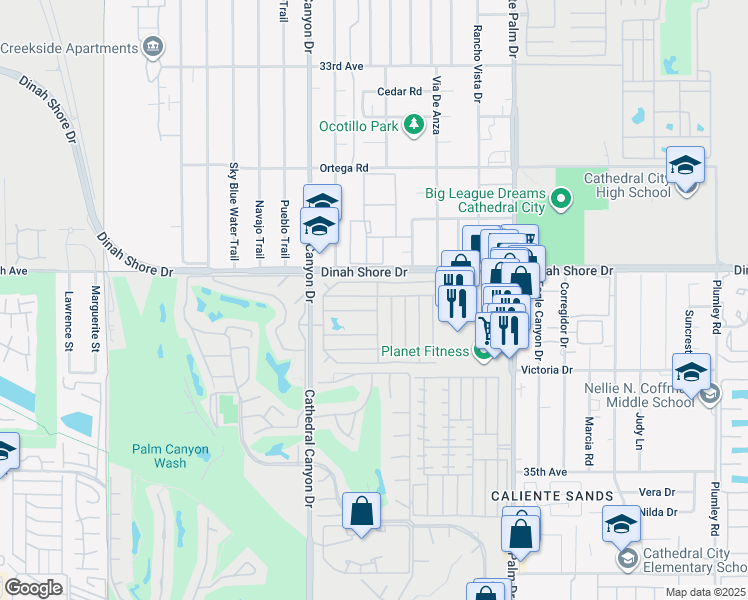 map of restaurants, bars, coffee shops, grocery stores, and more near 231 Settles Drive in Cathedral City