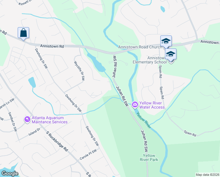 map of restaurants, bars, coffee shops, grocery stores, and more near 3125 Juhan Road Southwest in Stone Mountain