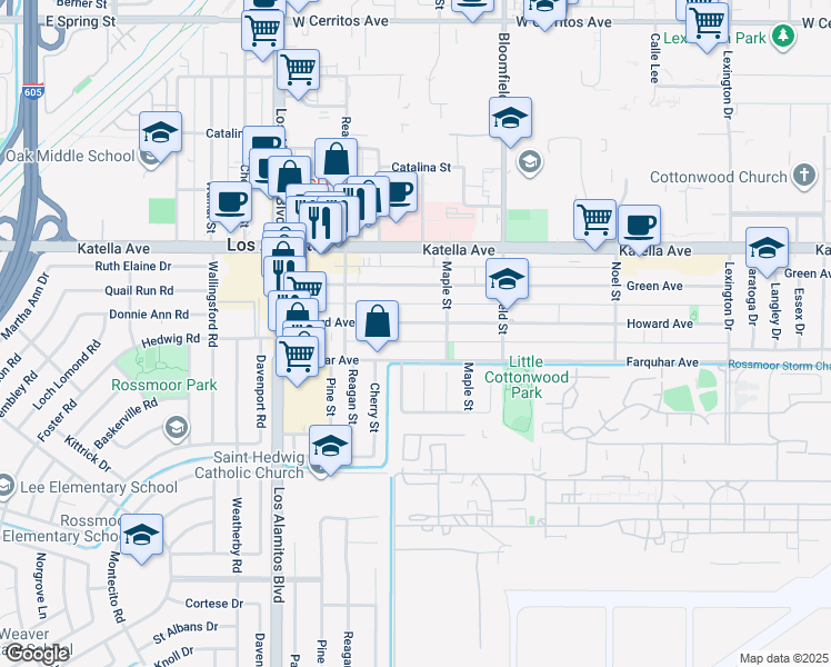 map of restaurants, bars, coffee shops, grocery stores, and more near 3804 Howard Avenue in Los Alamitos