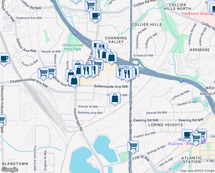 map of restaurants, bars, coffee shops, grocery stores, and more near 1133 Commerce Drive Northwest in Atlanta