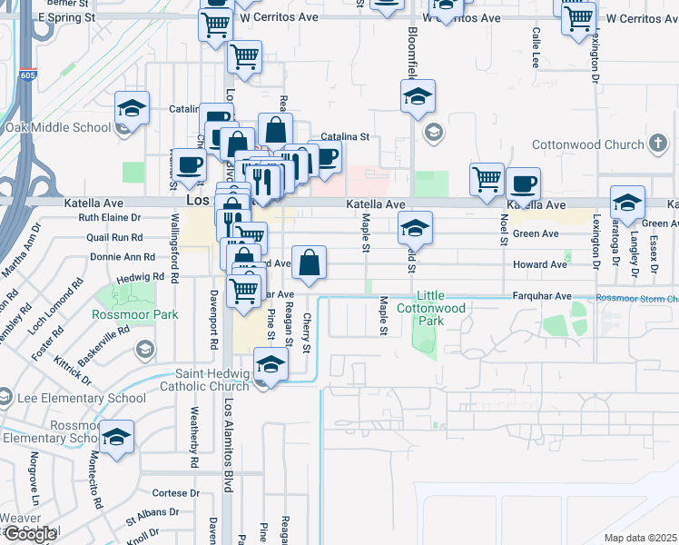 map of restaurants, bars, coffee shops, grocery stores, and more near 3804 Howard Avenue in Los Alamitos