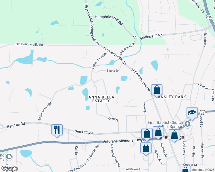 map of restaurants, bars, coffee shops, grocery stores, and more near 6335 Joanna Street in Lithia Springs