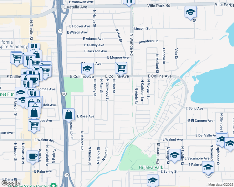 map of restaurants, bars, coffee shops, grocery stores, and more near 2739 East Oakmont Avenue in Orange