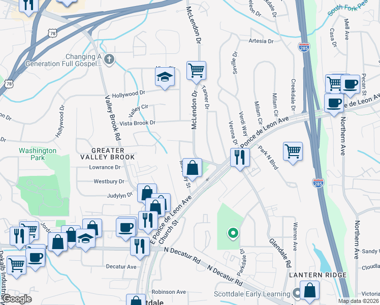 map of restaurants, bars, coffee shops, grocery stores, and more near 778 McLendon Drive in Scottdale